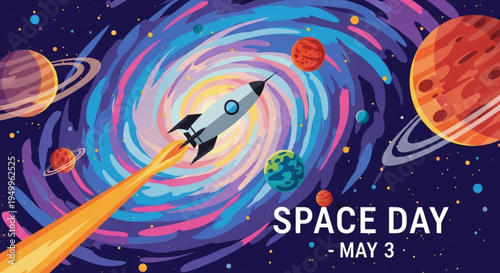 Vibrant space day illustration with rocket and planets on may 3rd in outer space