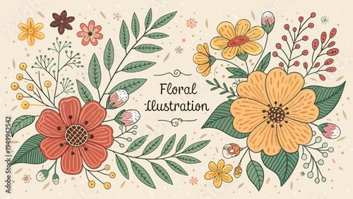 Vibrant retro inspired floral illustration with decorative flowers and leaves on beige background