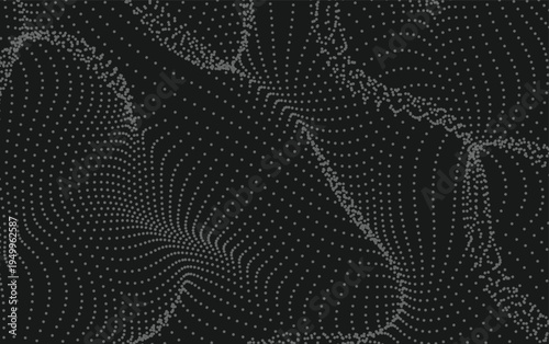 Halftone dot pattern. Monochrome digital texture for printing. The waves swell the surface of the distortion of space randomly arranged. Vector black background