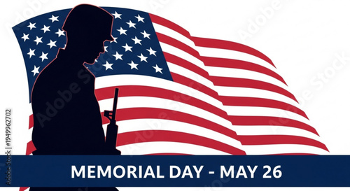Memorial day tribute with american flag and soldier silhouette on white background