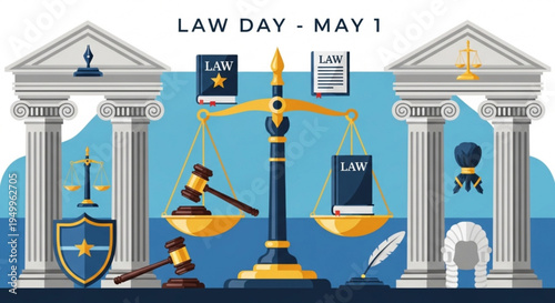 Law day may 1st illustration with scales of justice law books gavel and columns symbolizing justice and legal system