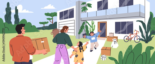 Happy family with kids moving into new house. Parents and children carrying boxes outdoors, relocating. Mother, father during relocation to living in nature, country, suburb. Flat vector illustration