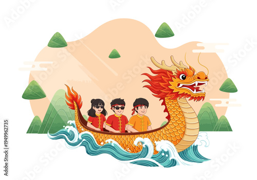 Dragon boat with people paddling on water