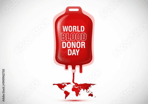 World blood donor day poster with red blood bag and map