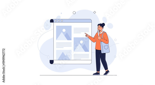 Woman pointing at a digital screen with images and text, representing web design or online content.