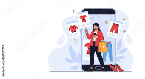 Woman Shopping Online via Smartphone, Fashion Items Displayed on Screen