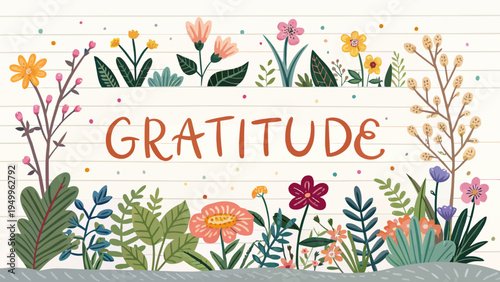 Colorful illustration of blooming plants and flowers with the word 'gratitude' on a white background