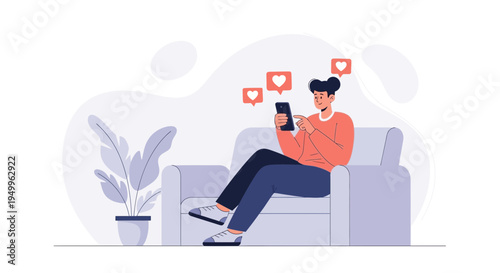 Young man relaxing on sofa, using smartphone, receiving likes and notifications