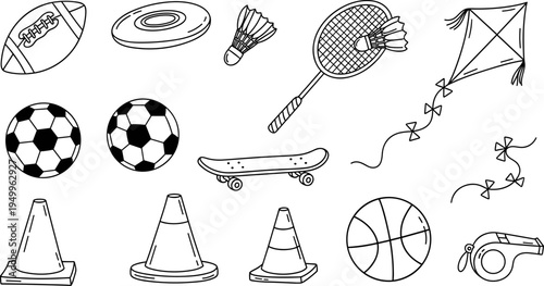 Collection of hand-drawn sports equipment and outdoor activity items in a doodle style