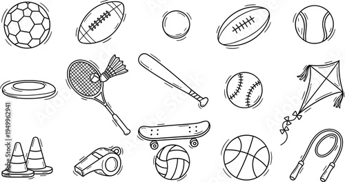 Collection of hand-drawn sports equipment and outdoor activity items in a doodle style