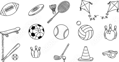 Collection of hand-drawn sports equipment and outdoor activity items in a simple line art style