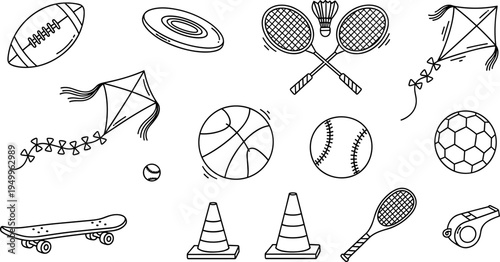 Collection of hand-drawn sports equipment and outdoor activity items in a doodle style