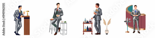 Four illustrations of elegant men in stylish suits enjoying cocktails and drinks in a sophisticated bar setting, featuring classic fashion and luxury lifestyle.