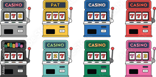 Colorful cartoon illustration featuring various casino slot machines and games, showcasing fun, entertainment, and vibrant gambling excitement in vector style