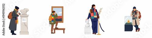 Set of flat illustrations of diverse people visiting an art museum, including tourists taking photos, sketching, and observing paintings and sculptures.