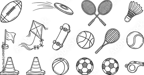 Collection of hand-drawn sports equipment and outdoor activity items in a doodle style