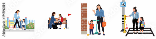 Set of illustrations showing a mother walking her children to school, helping with bags, and safely crossing the street at a pedestrian crossing.