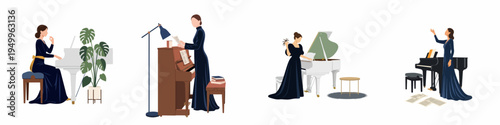 Collection of elegant female pianists in navy blue gowns playing grand and upright pianos in a minimalist flat illustration style.