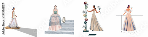 Collection of four elegant flat vector illustrations featuring women in stylish evening gowns and wedding dresses for various formal occasions and celebrations.