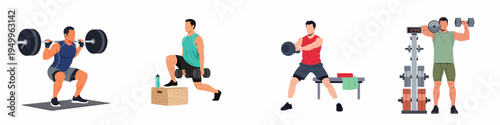 Set of flat vector illustrations depicting a fit man performing various strength training exercises including squats, step-ups, kettlebell swings, and overhead presses.