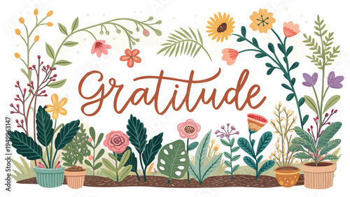 Vibrant blooming plants and flowers in pots with 'gratitude' text on white background symbolizing thankfulness and nature