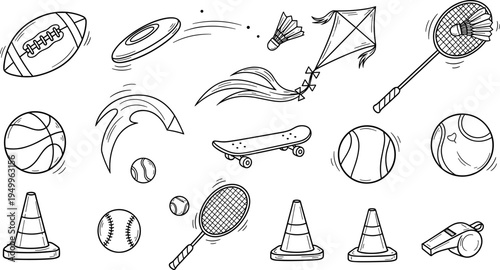 Collection of hand-drawn sports equipment and outdoor activity items in a doodle style