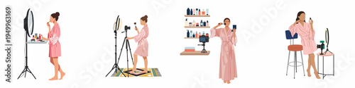 Set of illustrations depicting a female beauty blogger recording makeup and skincare tutorials with professional camera and ring light equipment for social media.