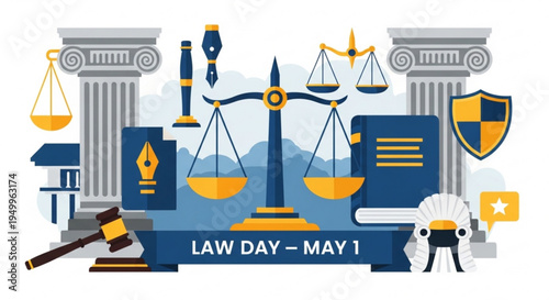 Law day may 1st illustration with legal symbols and scales of justice in front of government building columns