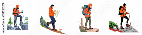 Set of flat vector illustrations showing active women hikers trekking through diverse mountain landscapes with backpacks and outdoor gear.
