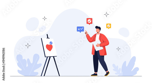 Man choosing between correct and incorrect options, painting heart with checkmark