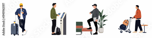 Set of flat vector illustrations depicting a young man in various airport travel stages, including check-in, waiting, and transporting luggage.