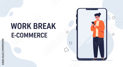 Work Break E-Commerce: Person on Phone Inside Smartphone Screen