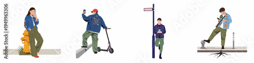 Set of four modern young people in stylish streetwear outfits, using smartphones and an electric scooter in an urban setting, flat vector illustration.