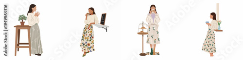 Flat vector illustrations of young women enjoying beverages in a cafe setting, wearing stylish skirts and cozy sweaters, isolated on a white background.