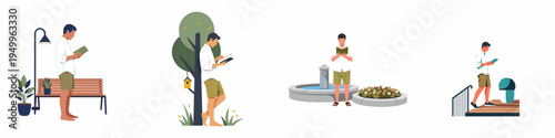 Set of flat illustrations showing a man reading a book in various outdoor locations like parks and gardens.