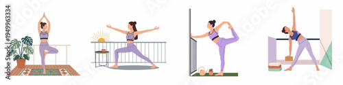 Set of flat illustrations showing a young woman practicing various yoga poses at home on a balcony for health and wellness.