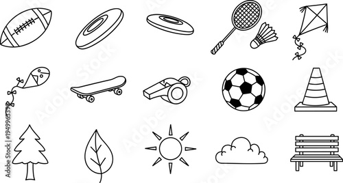 Collection of hand-drawn sports equipment and outdoor activity icons on a white background