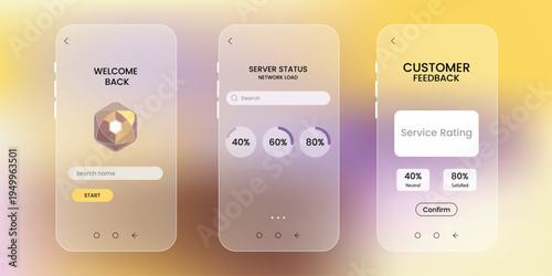 Innovative Mobile UI: Explore a clean, modern mobile interface showcasing sleek design and seamless user experience, with elements for welcome, server status, and customer feedback. 