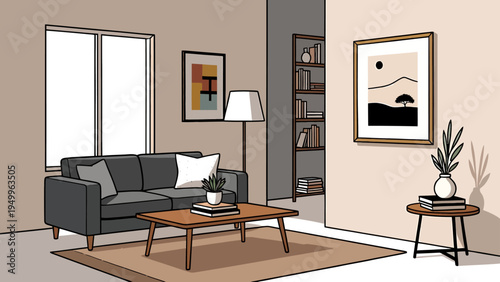 Modern luxury living room interior with sofa chairs table fireplace TV and large window in a contemporary apartment design