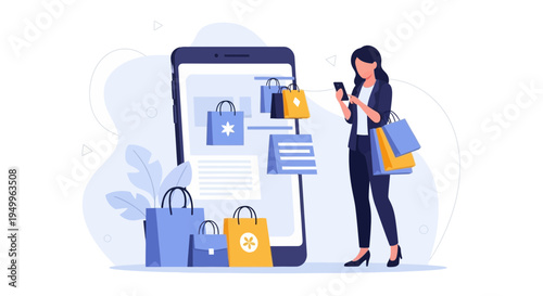 Woman Shopping Online via Smartphone with Shopping Bags and Mobile App Interface