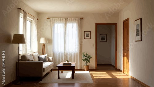 Modern luxury living room in a comfortable contemporary apartment with sofa table chairs lamp and large window in a stylish indoor home interior