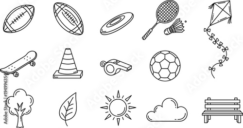 Collection of hand-drawn sports equipment and outdoor elements in a simple line art style