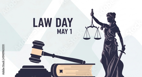 Law day may 1st illustration with lady justice gavel and legal book symbolizing justice and law