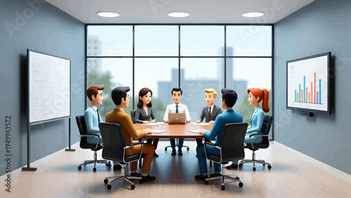 Business team meeting in an office conference room with professionals sitting at a table using laptops and discussing work together with a presentation