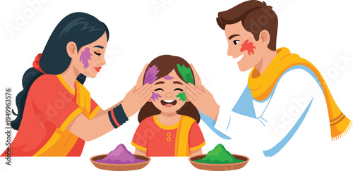 A joyful family celebrating Holi by applying colorful powders on each other’s faces, depicting fun, togetherness, and cultural festivity vector illustration