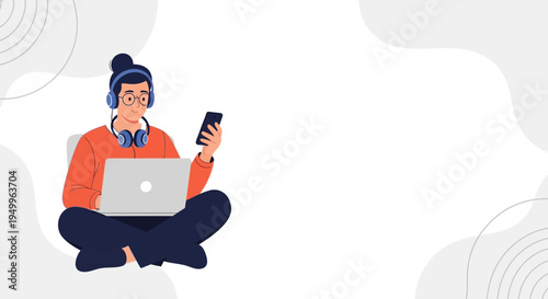Person with headphones and laptop working on phone, sitting cross-legged, modern minimalist background