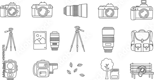 Collection of line art icons representing photography equipment and outdoor scenes