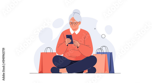 Elderly woman with shopping bags using smartphone, online shopping concept