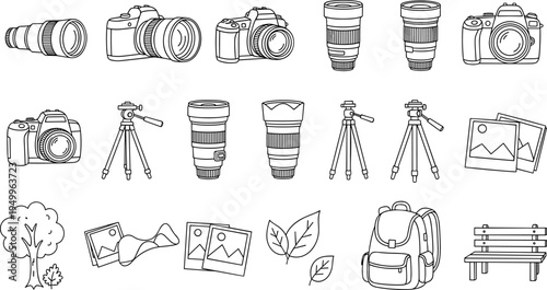 Collection of photography equipment and nature elements in a simple line art style