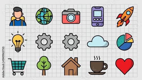Set of vector icons for web design and digital media featuring business symbols, cloud network, social communication, mobile technology, data charts, and internet concepts for modern design projects